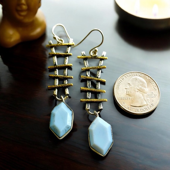 Pale Blue Owyhee Opal Ladder Earrings, SS - Picture 1 of 5